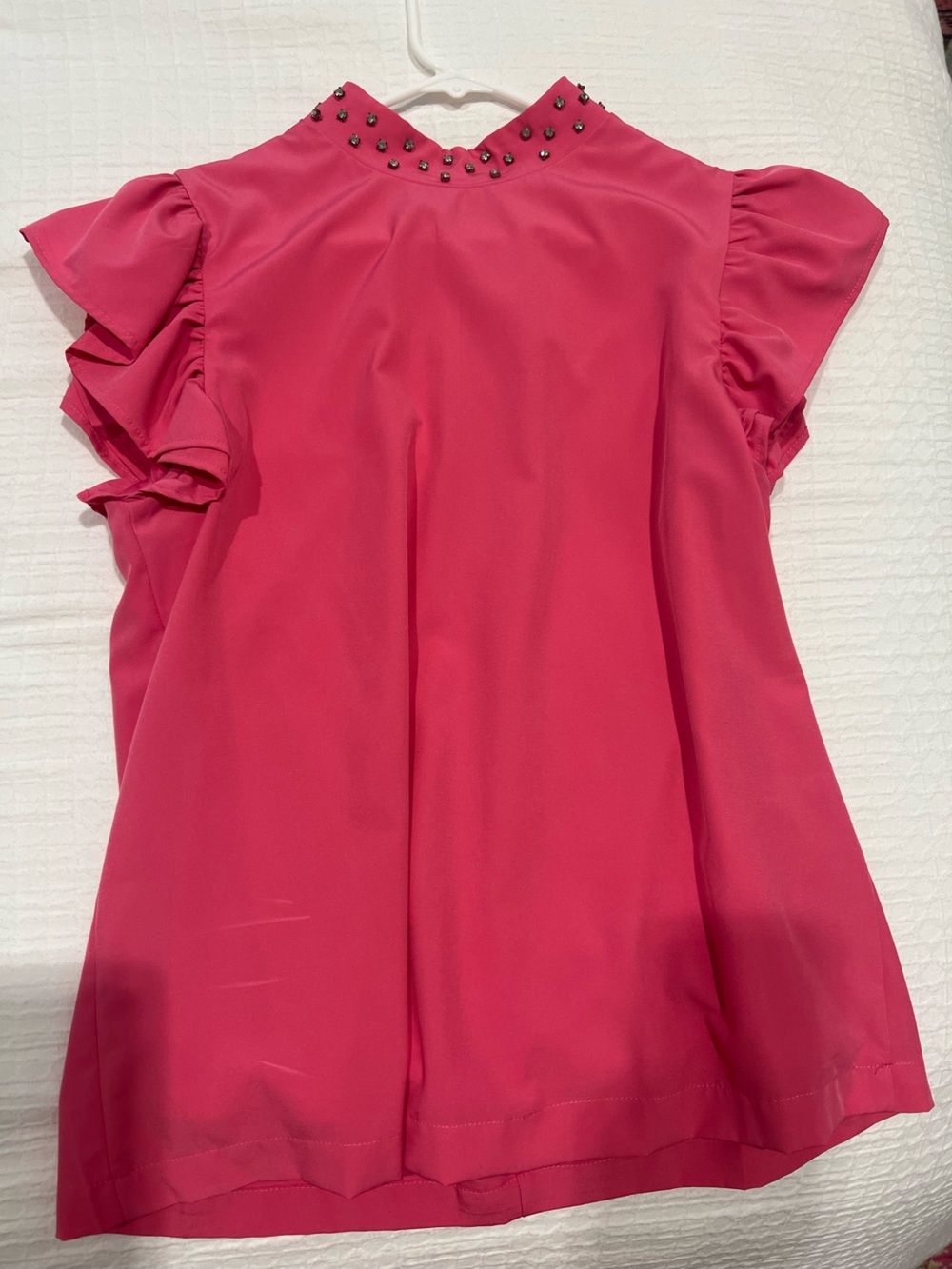 TCEC Women's Pink Ruffle Sleeve Blouse with Studded Collar